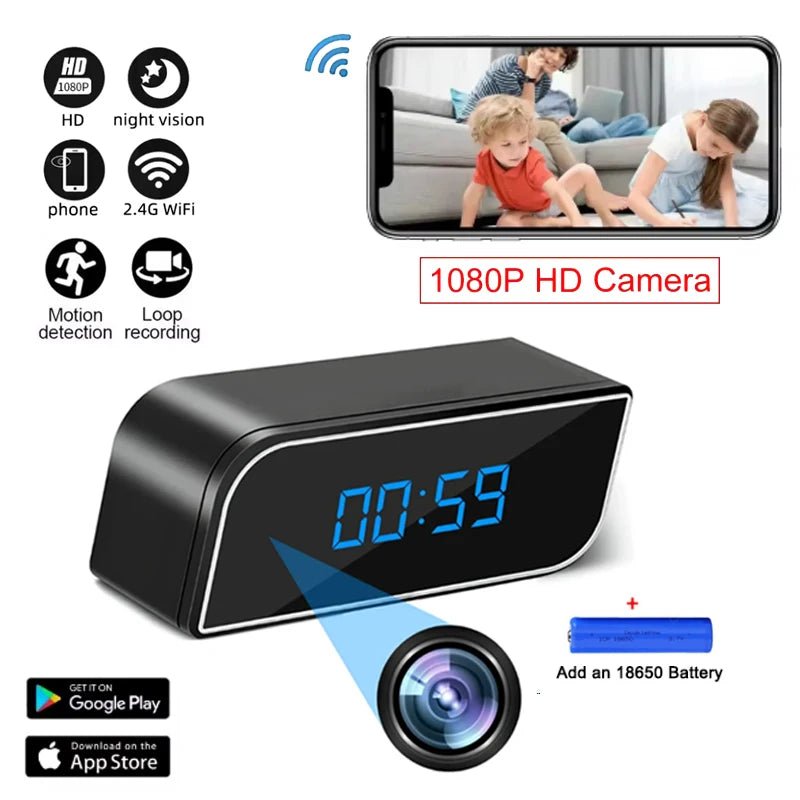 1080P full HD mini clock camera, wireless WiFi, night vision, motion detection, home security monitoring - SHOP PAGUE AO CHEGAR PAGUE AO CHEGAR