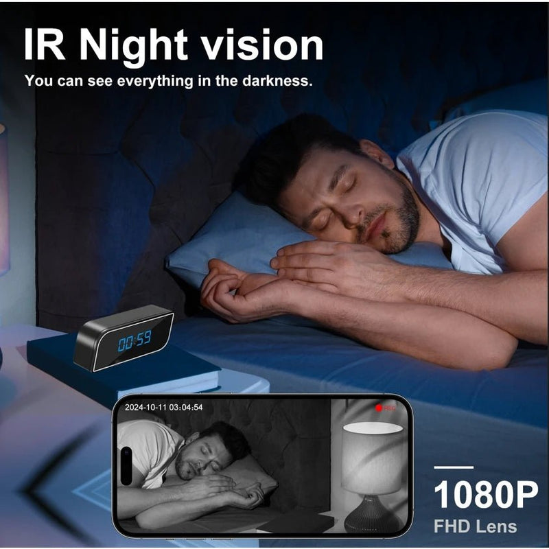 1080P full HD mini clock camera, wireless WiFi, night vision, motion detection, home security monitoring - SHOP PAGUE AO CHEGAR PAGUE AO CHEGAR