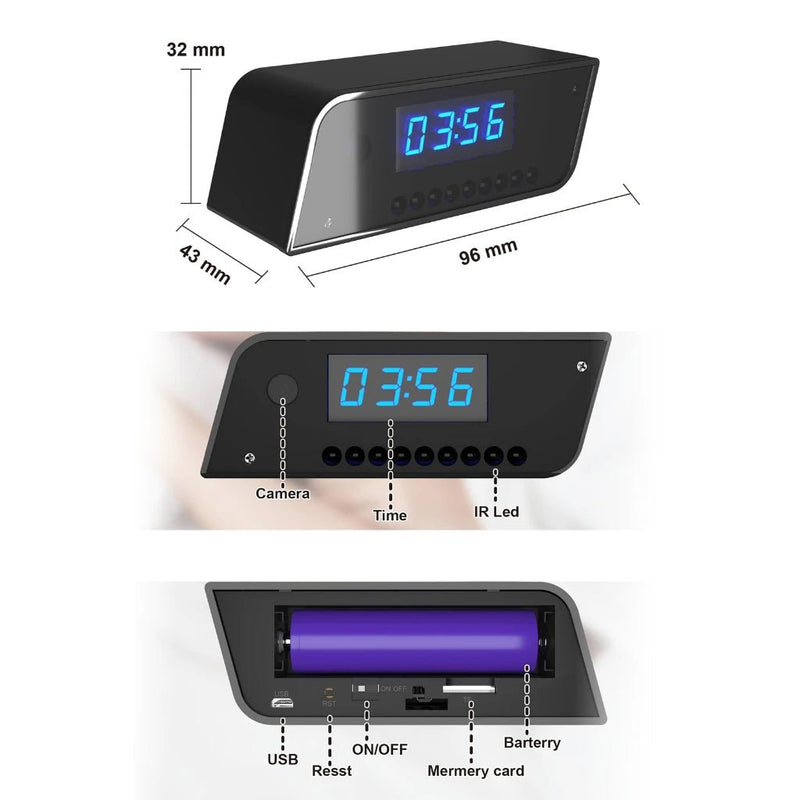 1080P full HD mini clock camera, wireless WiFi, night vision, motion detection, home security monitoring - SHOP PAGUE AO CHEGAR PAGUE AO CHEGAR